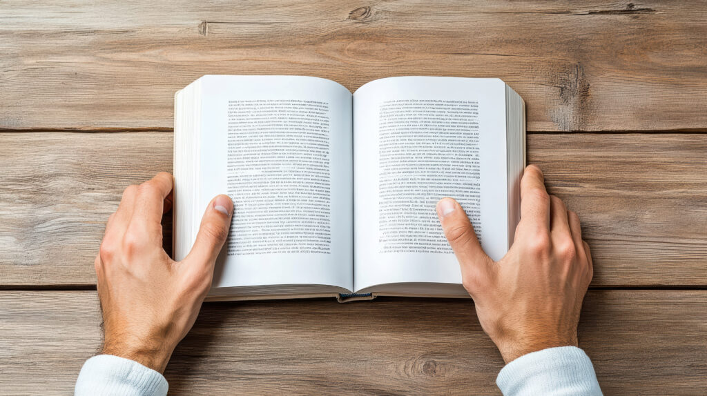 Open book on wooden table with hands holding pages, inviting reading experience