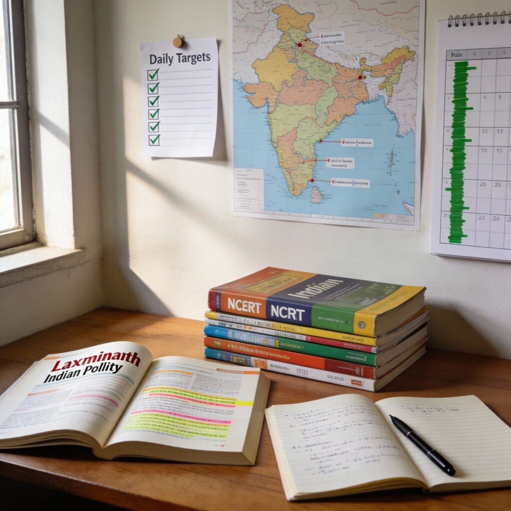 Realistic photo of a UPSC/JEE aspirant's optimized study desk: open Laxmikanth book, NCERTs, notebook with pen, no phone visible, wall with daily targets list, India map, atomic habit streak calendar, tidy and focused vibe, natural light, 1:1 aspect ratio. Atomic Habits for Aspirants