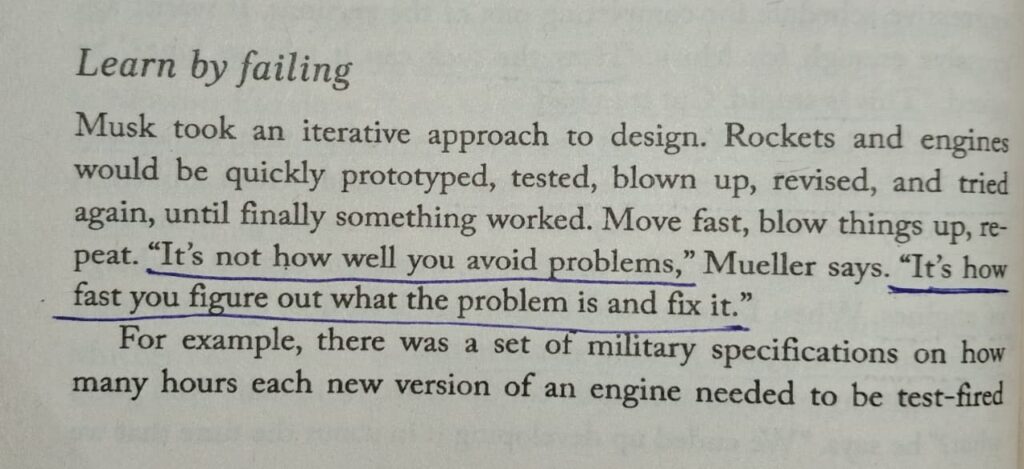 Learn by failing image from the book called Elon Musk by Walter issacson