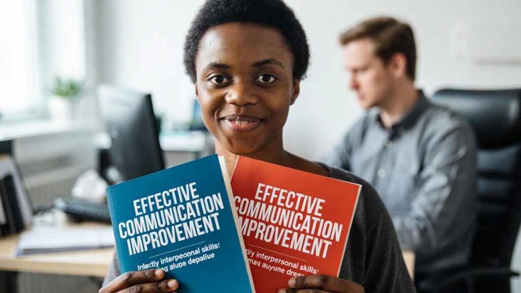 a person who is holding two communication improvement books one is blue color and one is red color showing to the camera and happy office guy in his room desk sitting.