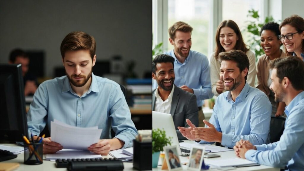 generate an before and after image where there is a person who is shy and introvert and other office people are talking with people in an office and laughing and cherishing together in the left before image and in the right after image the same person is talking with people in an office and laughing and cherishing together.