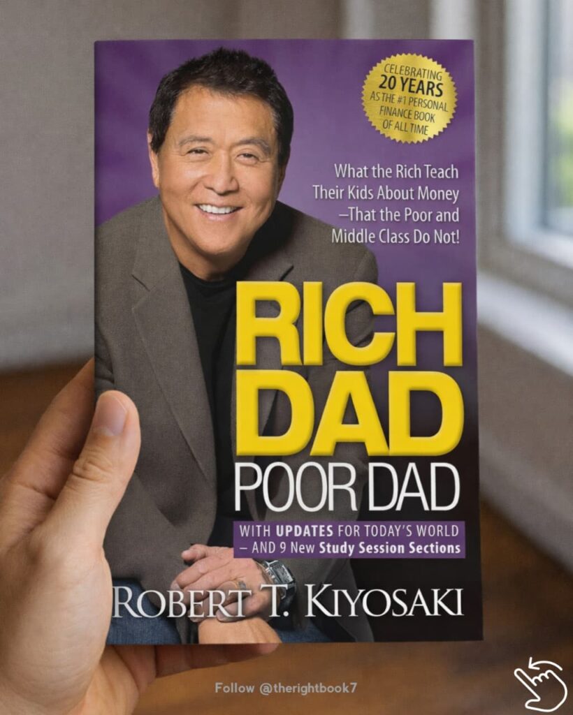 presents thee topic of the page a man holding a book rich dad poor dad by robert kiyosaki with watermark below the book @therightbook7
